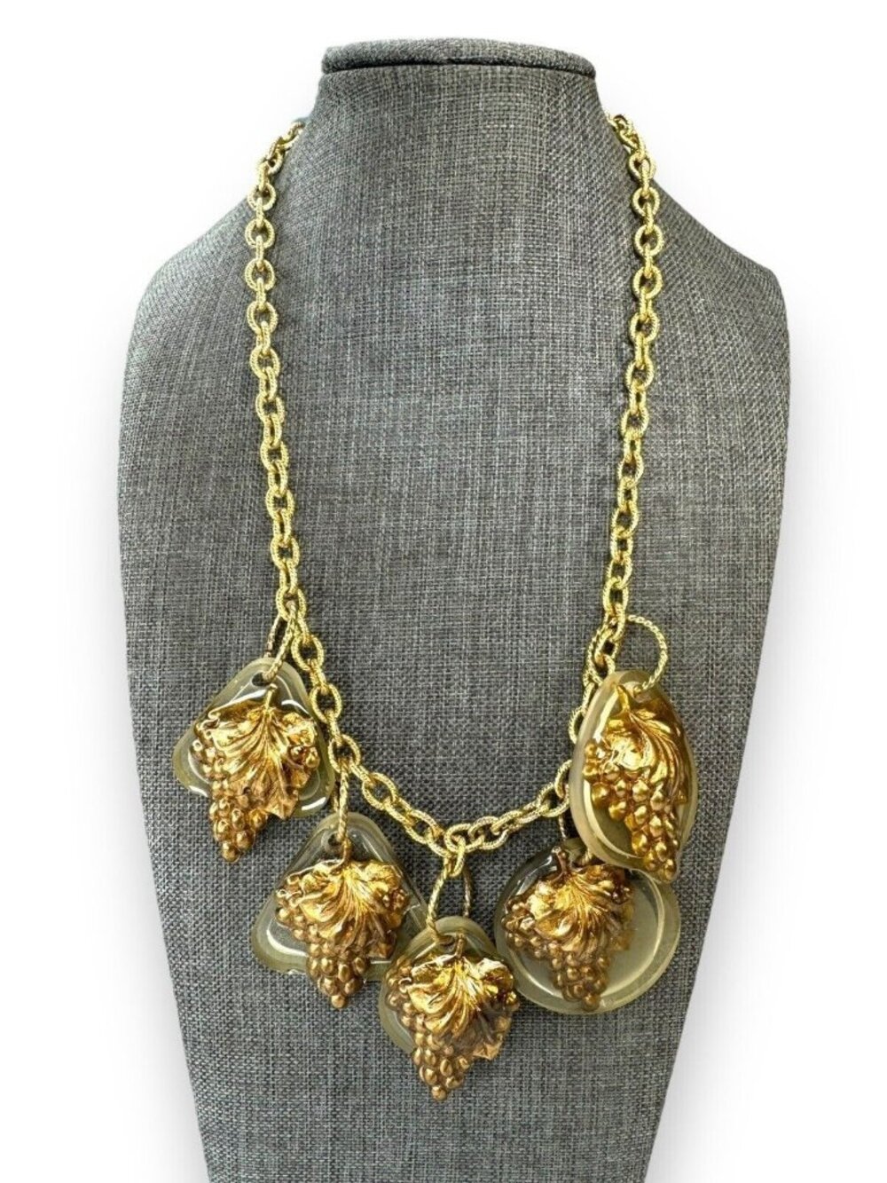 Artisan Gay Isber Statement Necklace Gold Grape Charms Resin Mixed Media 19”